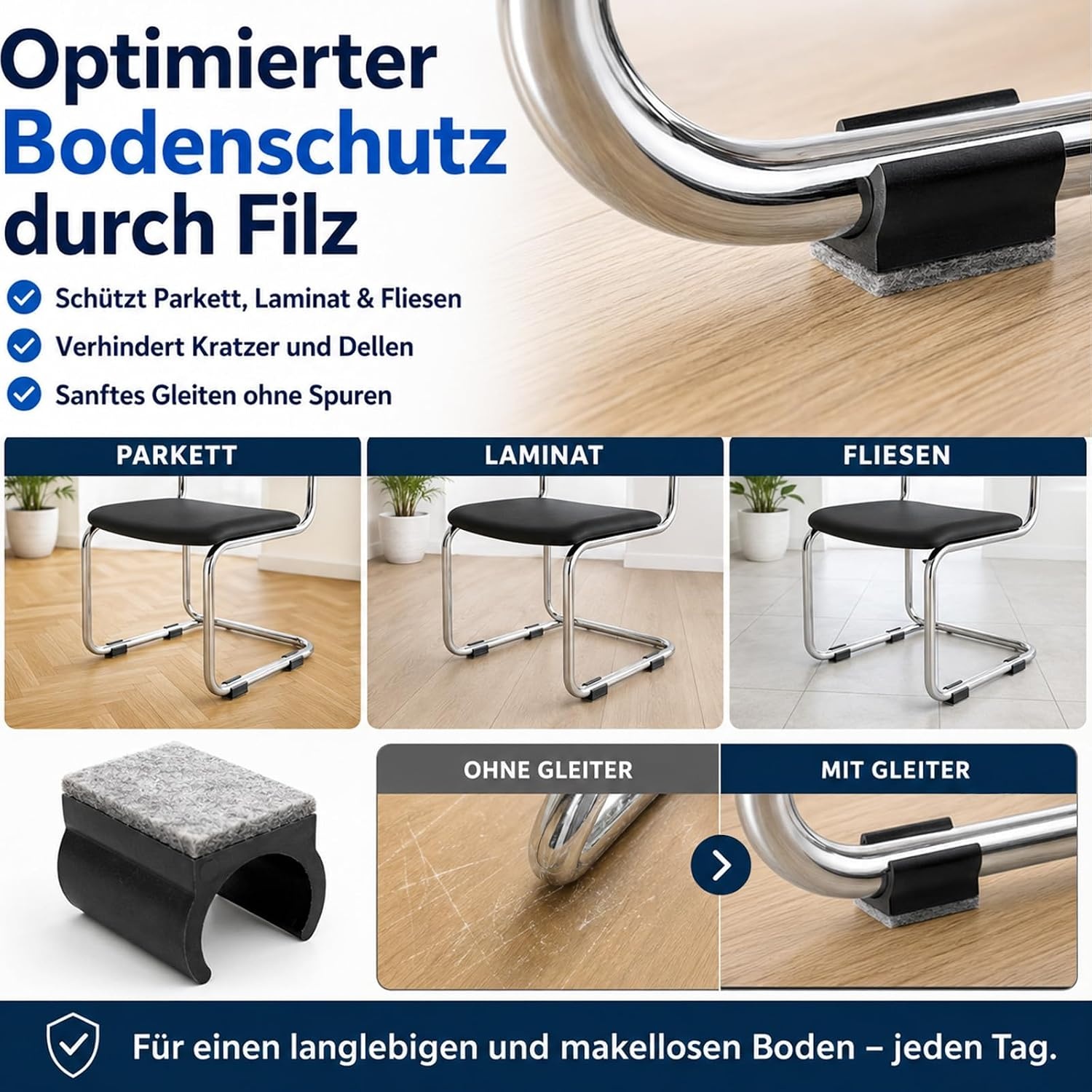 24 stuks 25 mm stoelglijders, vrijdragende stoelglijders, met een antislip oppervlak van geluidsabsorberend vilt, dat geluiden dempt en de vloer beschermt, zwart