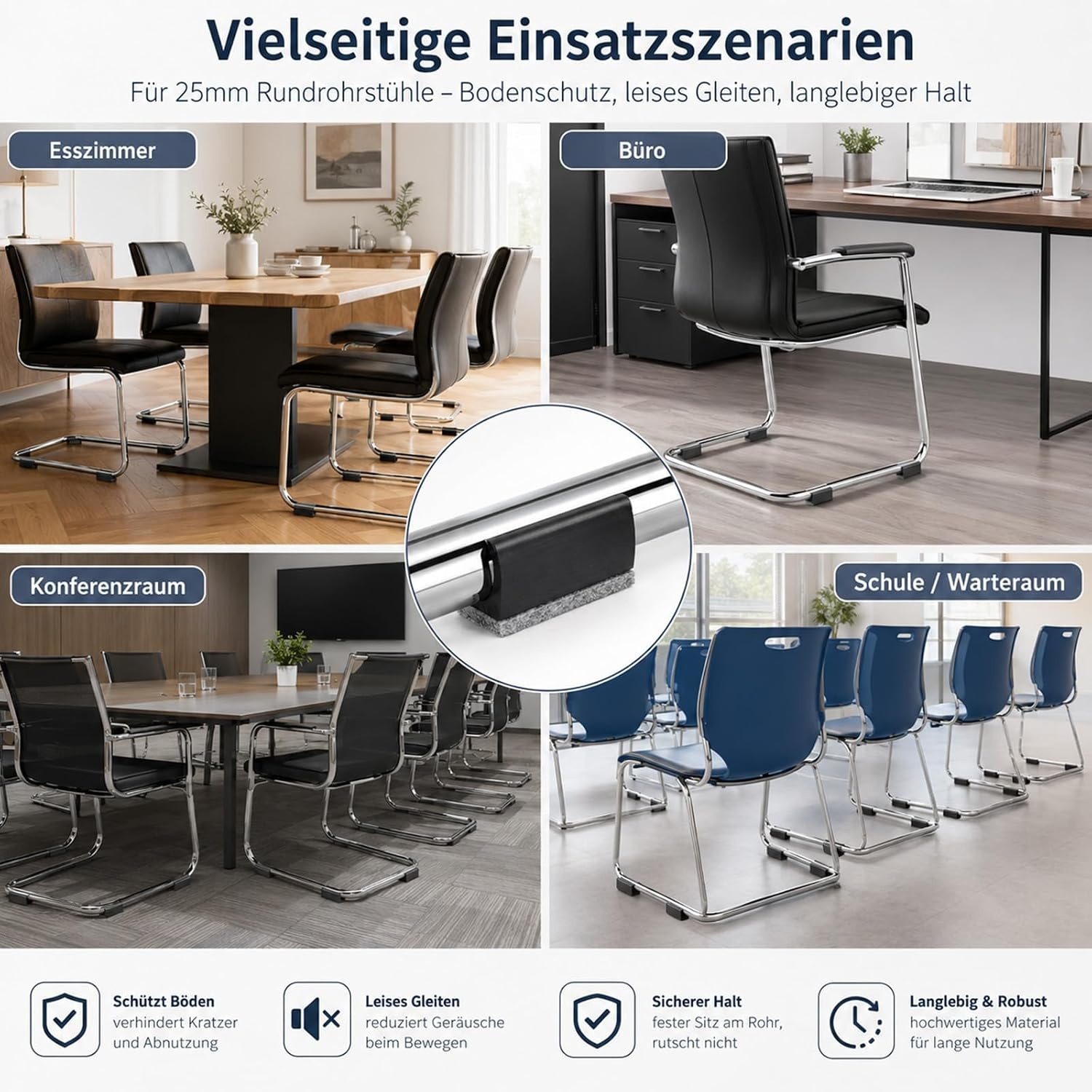 24 stuks 25 mm stoelglijders, vrijdragende stoelglijders, met een antislip oppervlak van geluidsabsorberend vilt, dat geluiden dempt en de vloer beschermt, zwart