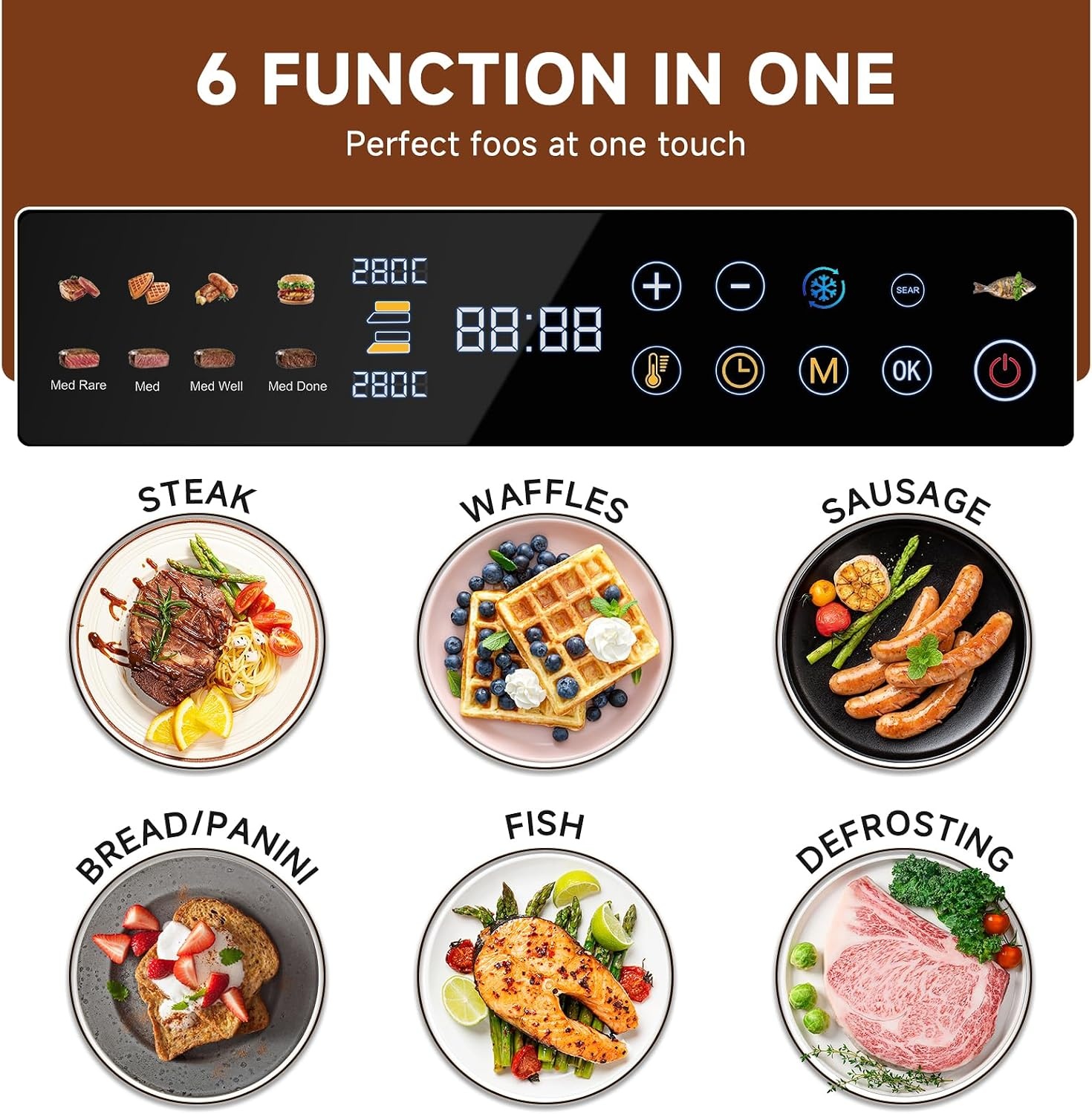 AMZCHEF 6-in-1 Contactgrill 2000W met Temperatuursensor - Clear Black