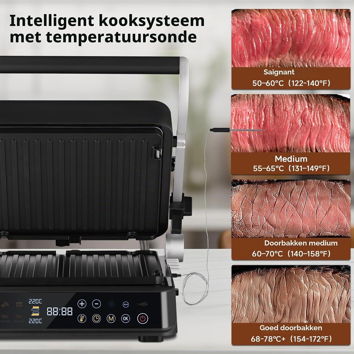 AMZCHEF 6-in-1 Contactgrill 2000W met Temperatuursensor - Clear Black