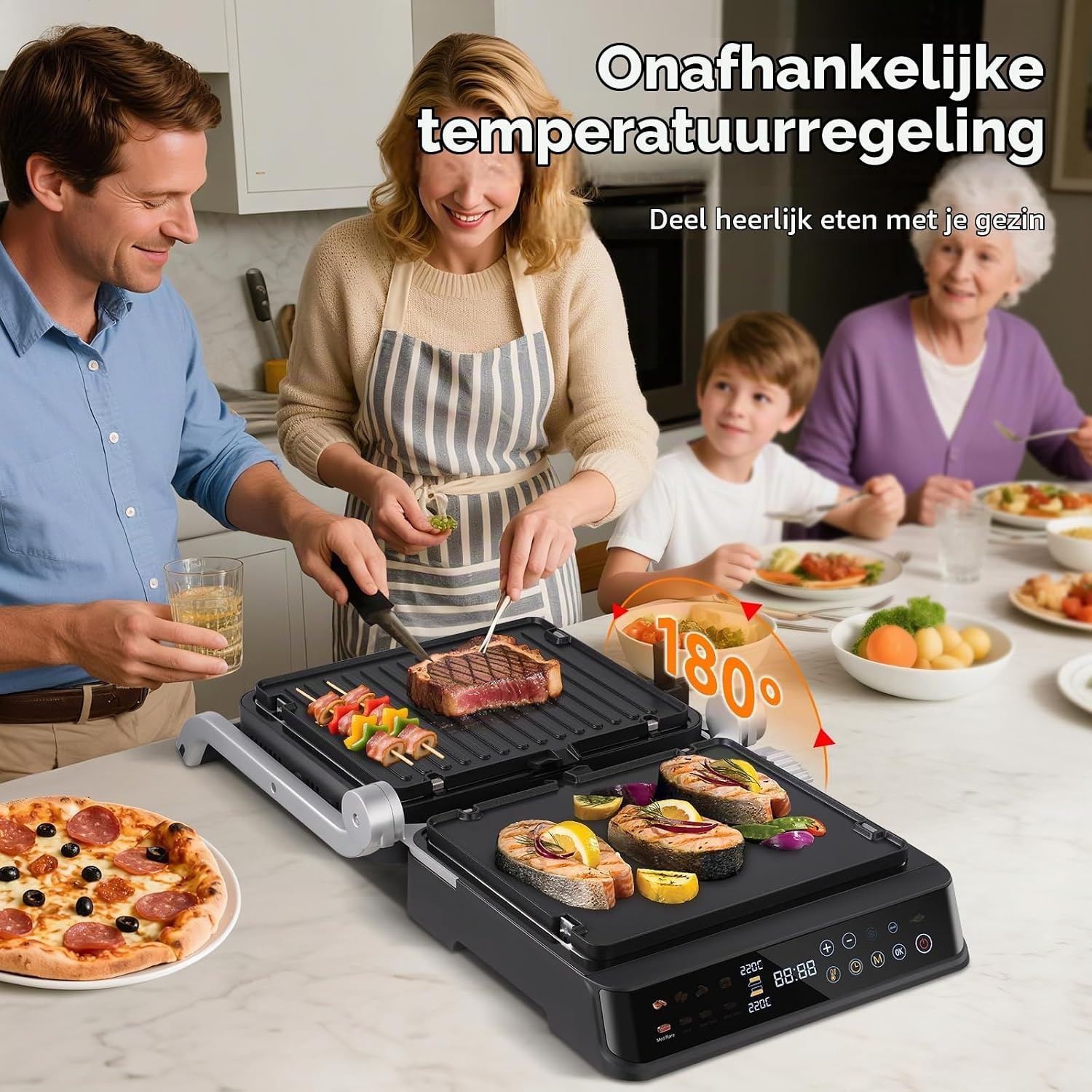 AMZCHEF 6-in-1 Contactgrill 2000W met Temperatuursensor - Clear Black