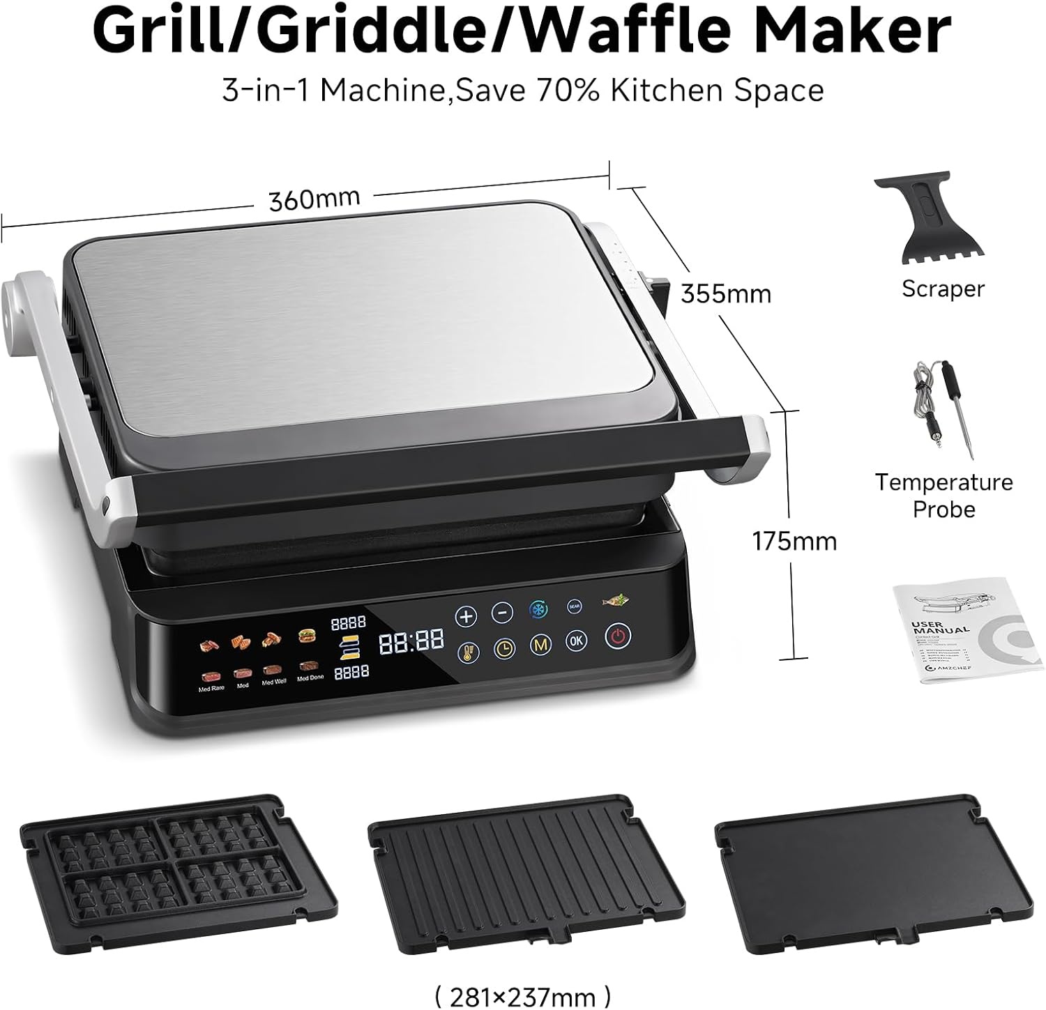 AMZCHEF 6-in-1 Contactgrill 2000W met Temperatuursensor - Clear Black