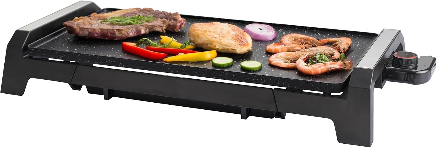 SENYA Elektrische grillplaat, 2200 W, steenlook, antiaanbaklaag, groot grilloppervlak voor 6 tot 8 personen, vetopvangbak, vaatwasmachinebestendig