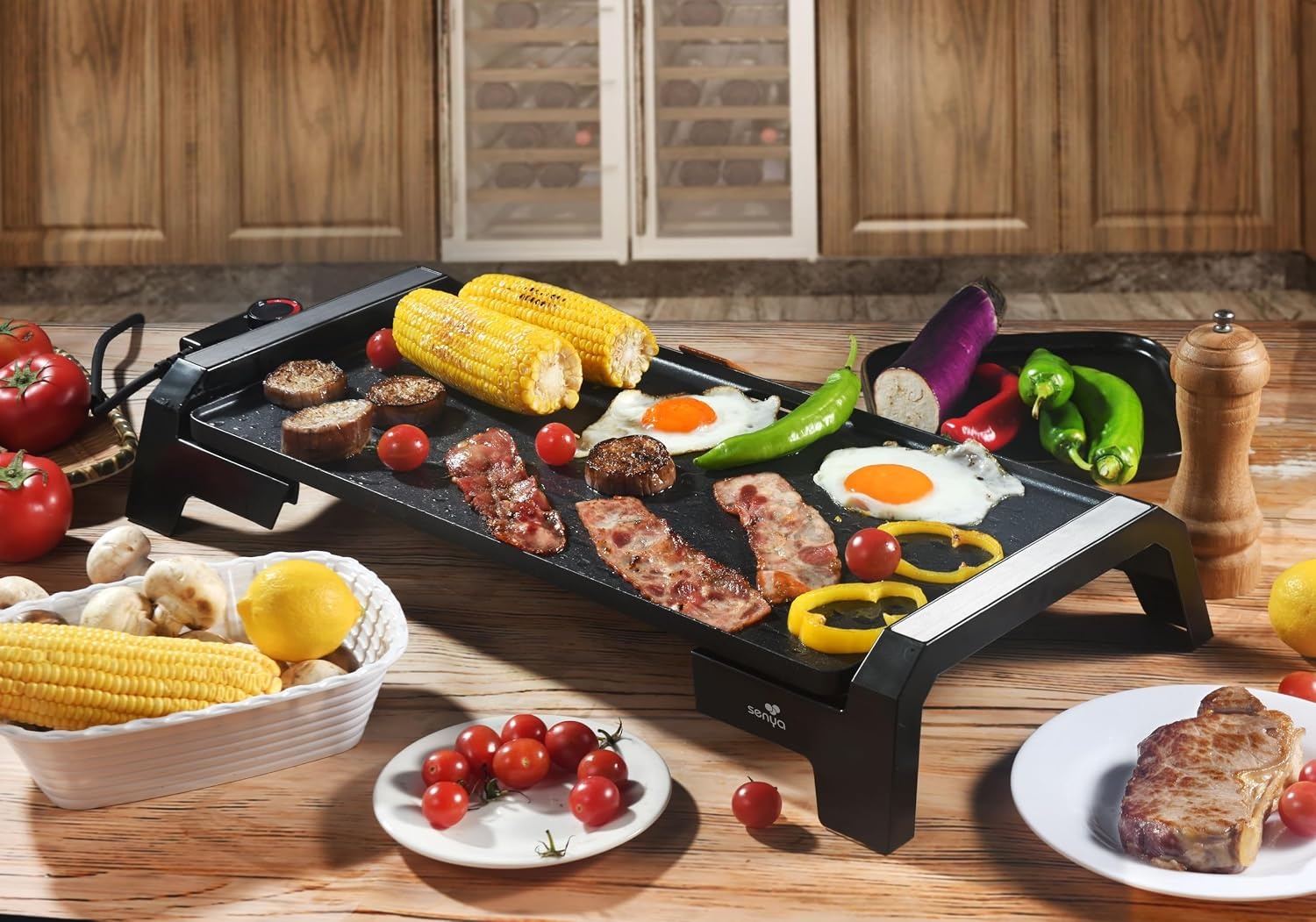 SENYA Elektrische grillplaat, 2200 W, steenlook, antiaanbaklaag, groot grilloppervlak voor 6 tot 8 personen, vetopvangbak, vaatwasmachinebestendig