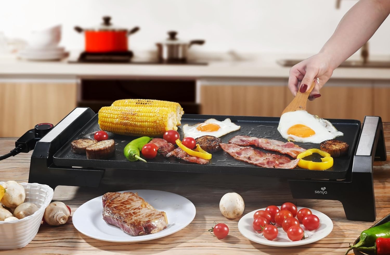 SENYA Elektrische grillplaat, 2200 W, steenlook, antiaanbaklaag, groot grilloppervlak voor 6 tot 8 personen, vetopvangbak, vaatwasmachinebestendig