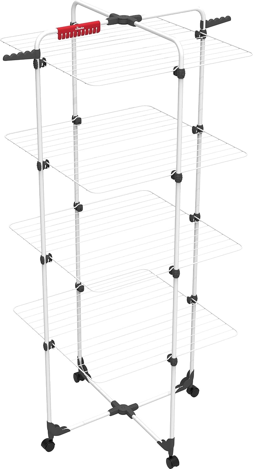Vileda Mixer 4 torenwasrek, wasrek met 4 niveaus voor maximaal 4 wasladingen, flex-scharnier, oprolbaar, hoogte 1,64 m, 40 m lijnlengte, staal, comfortpakket