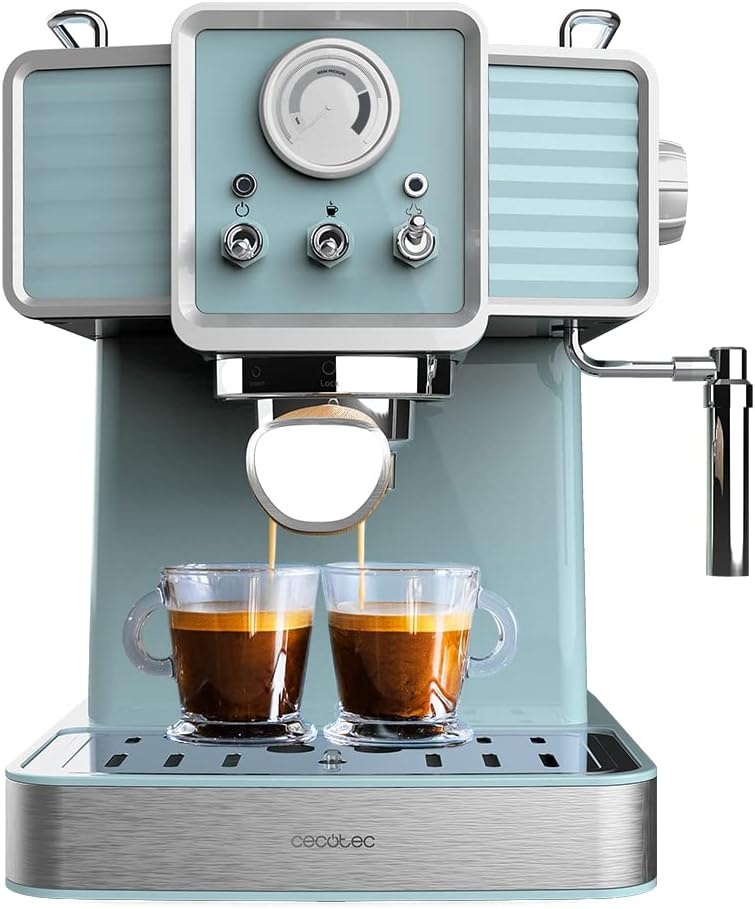 Cecotec Espressomachine Express Power Espresso 20 Tradizionale Light Blue, 1350 W, espresso en cappucicno, 20 bar en thermoblok, vaporizer, manometer, vintage design, inhoud 1,5 liter