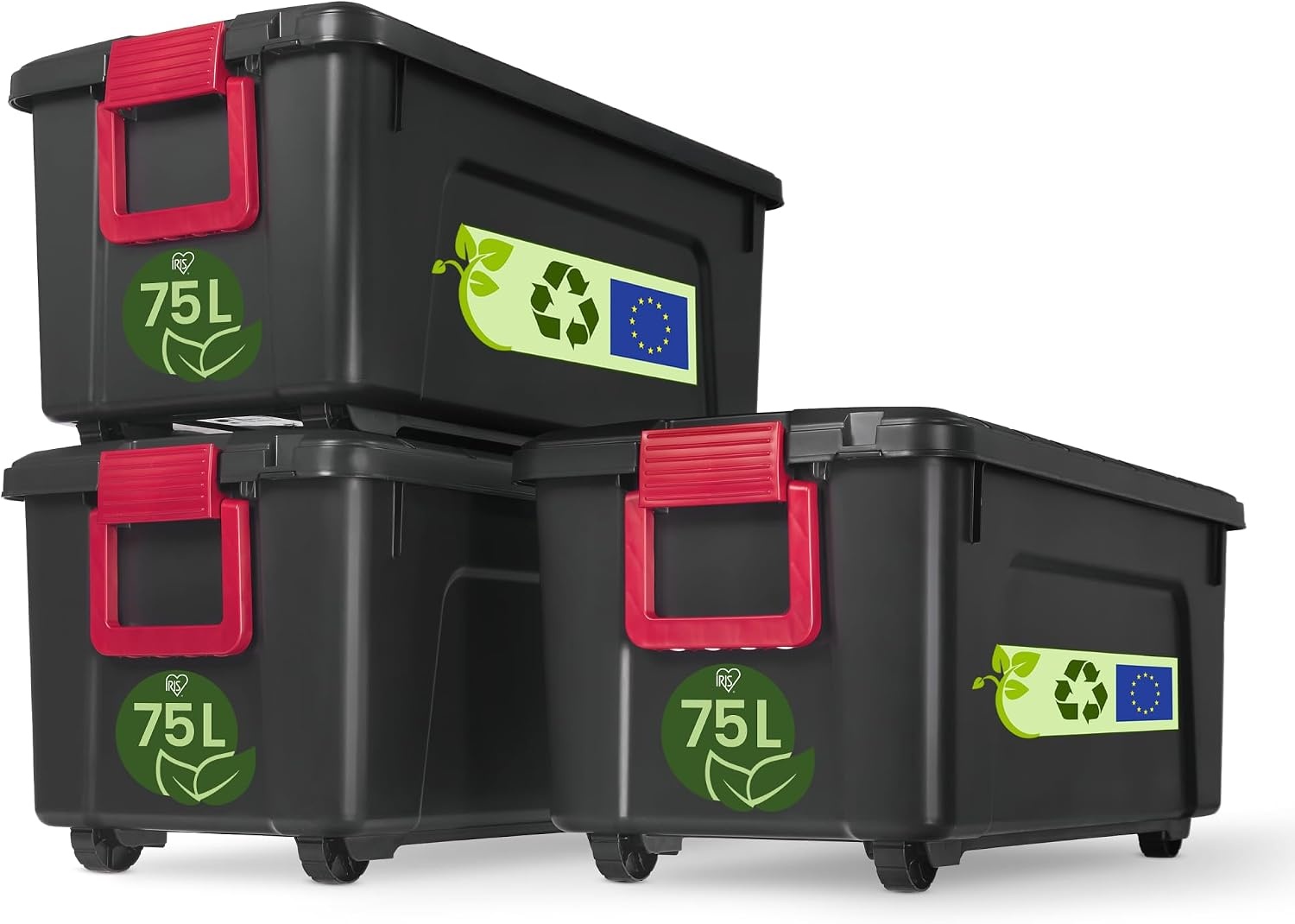 Iris Ohyama, set van 3 opbergdozen, doe-het-zelf, 75 L, met wielen en handvat, mobiel, garage, tuin - Store it All Box SIA-75 - zwart - Maat 75L / Set van 3