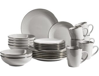 MÄSER Metallic Rim Moderne serviesset voor 6 personen met messingkleurige rand, 24-delig combiservies met randloze coupe-vormen, aardewerk, grijs