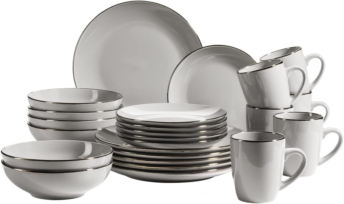 MÄSER Metallic Rim Moderne serviesset voor 6 personen met messingkleurige rand, 24-delig combiservies met randloze coupe-vormen, aardewerk, grijs
