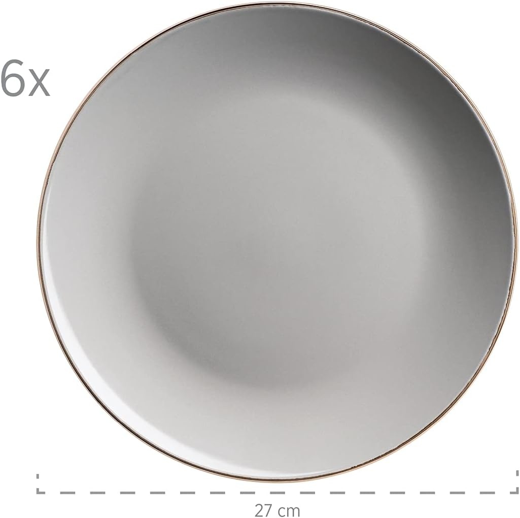 MÄSER Metallic Rim Moderne serviesset voor 6 personen met messingkleurige rand, 24-delig combiservies met randloze coupe-vormen, aardewerk, grijs
