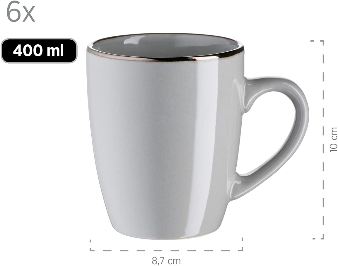 MÄSER Metallic Rim Moderne serviesset voor 6 personen met messingkleurige rand, 24-delig combiservies met randloze coupe-vormen, aardewerk, grijs