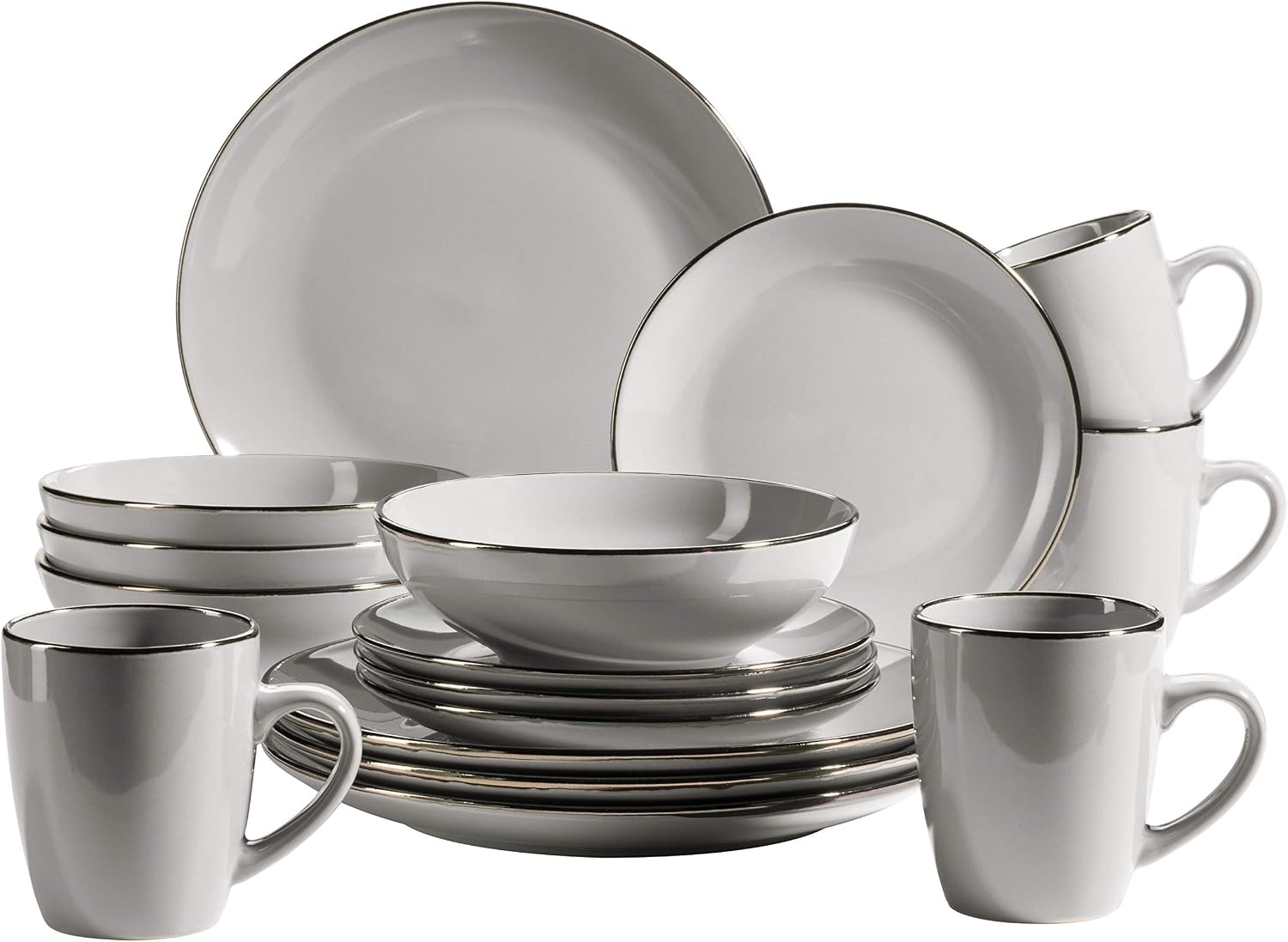 MÄSER Metallic Rim Moderne serviesset voor 6 personen met messingkleurige rand, 24-delig combiservies met randloze coupe-vormen, aardewerk, grijs
