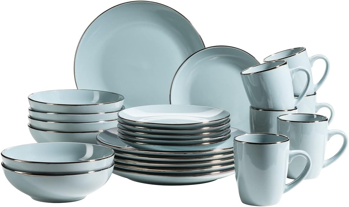 MÄSER Metallic Rim Moderne serviesset voor 6 personen met messingkleurige rand, 24-delig combiservies met randloze coupe-vormen, aardewerk, grijs