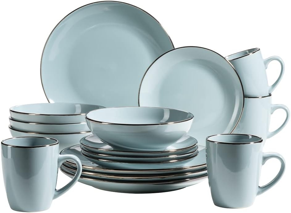 MÄSER Metallic Rim Moderne serviesset voor 6 personen met messingkleurige rand, 24-delig combiservies met randloze coupe-vormen, aardewerk, grijs