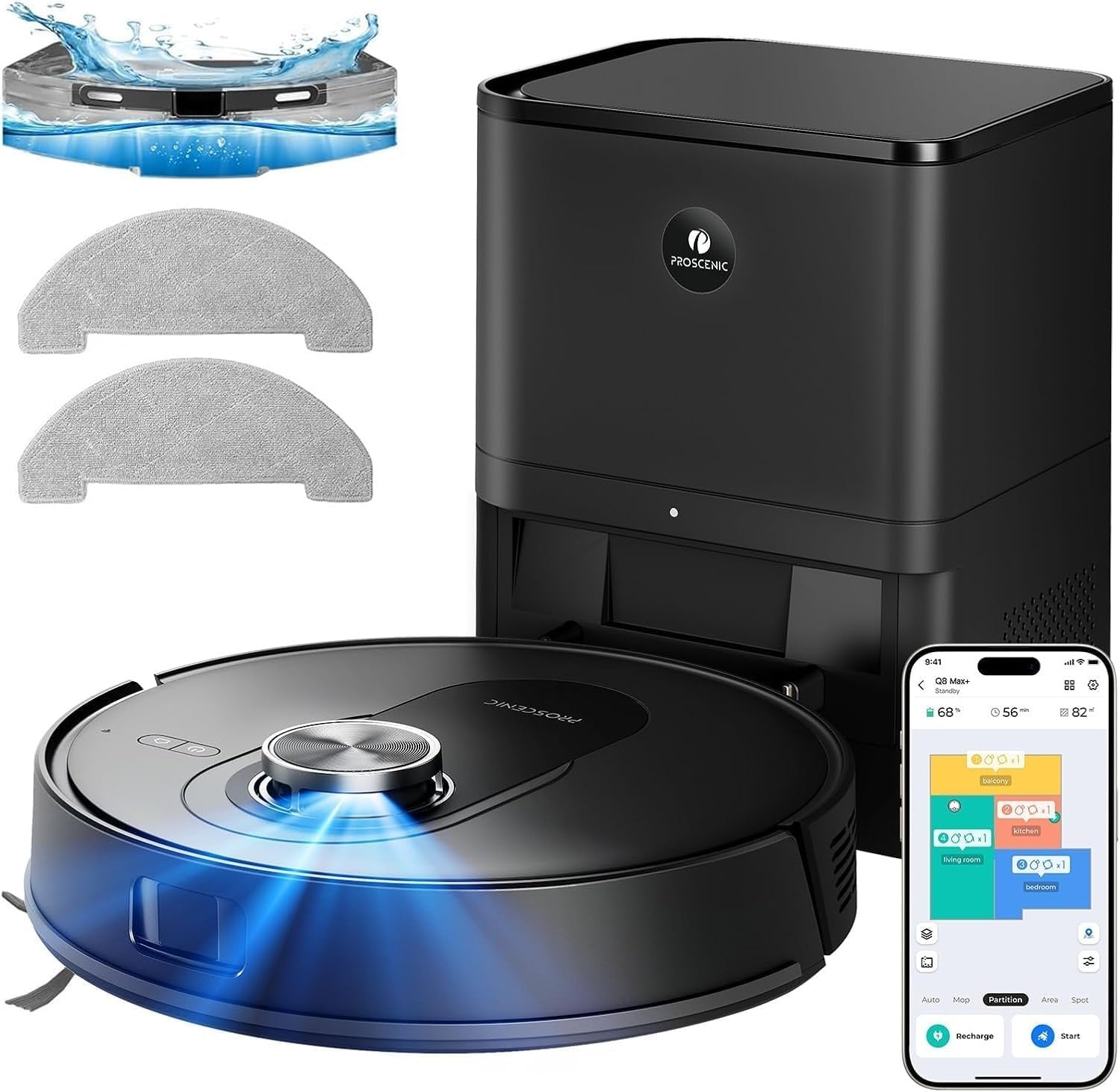 Proscenic Q8 Max+ Robotstofzuiger met 8000 Pa kartering, 200 minuten, automatische hindernisvermijding, zuigrobot met wifi/Alexa/app, voor tapijt, vloer en haar