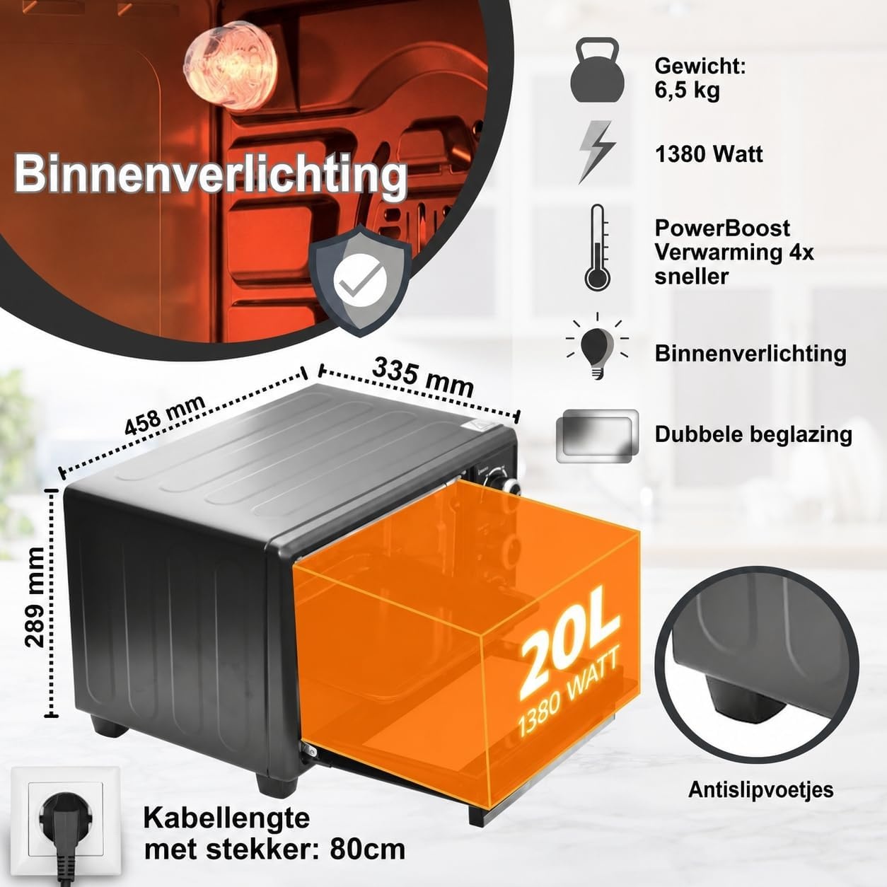 Mini Oven 20L met Hetelucht & 6 Bakfuncties - 1380W (34% Korting)