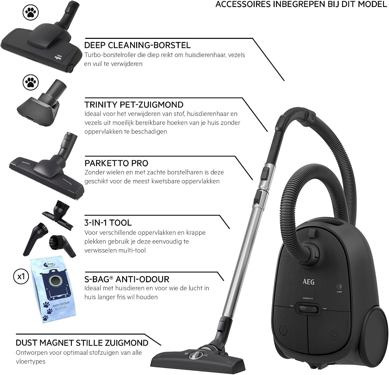 Stofzuiger AEG CLEAN 6000 AB61C1 - 850W - 12m Actieradius - 34% Korting