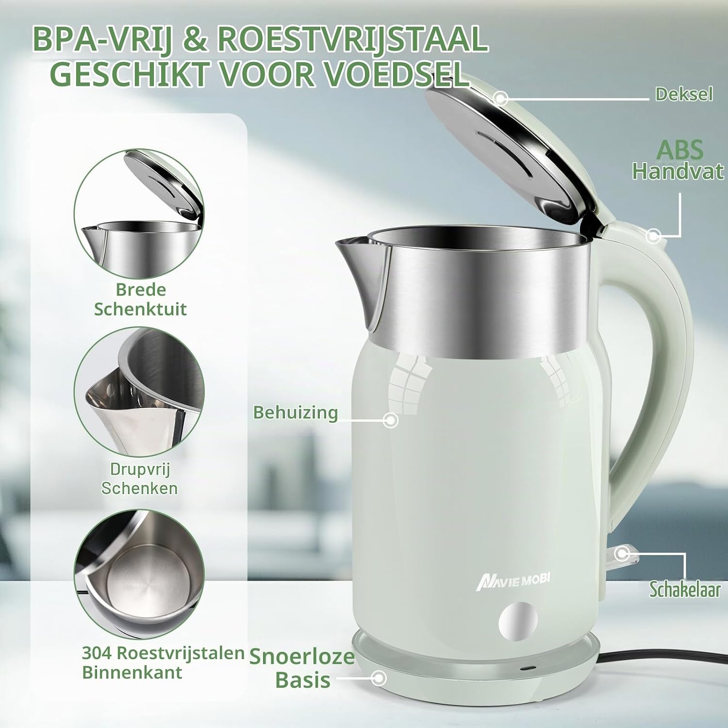 Snelle Groene Waterkoker 1.8L - 2200W - Dubbelwandig - 32% Korting