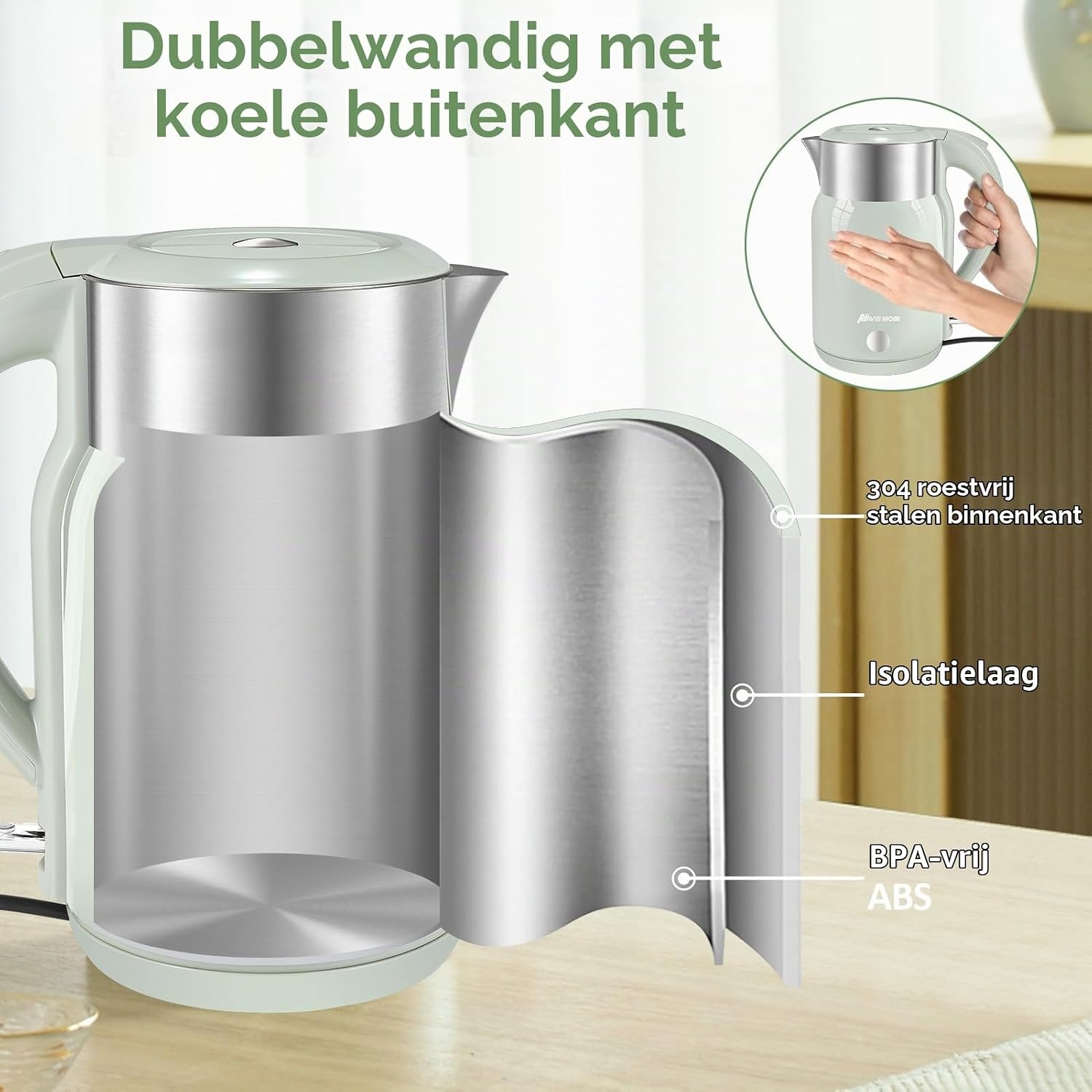 Snelle Groene Waterkoker 1.8L - 2200W - Dubbelwandig - 32% Korting