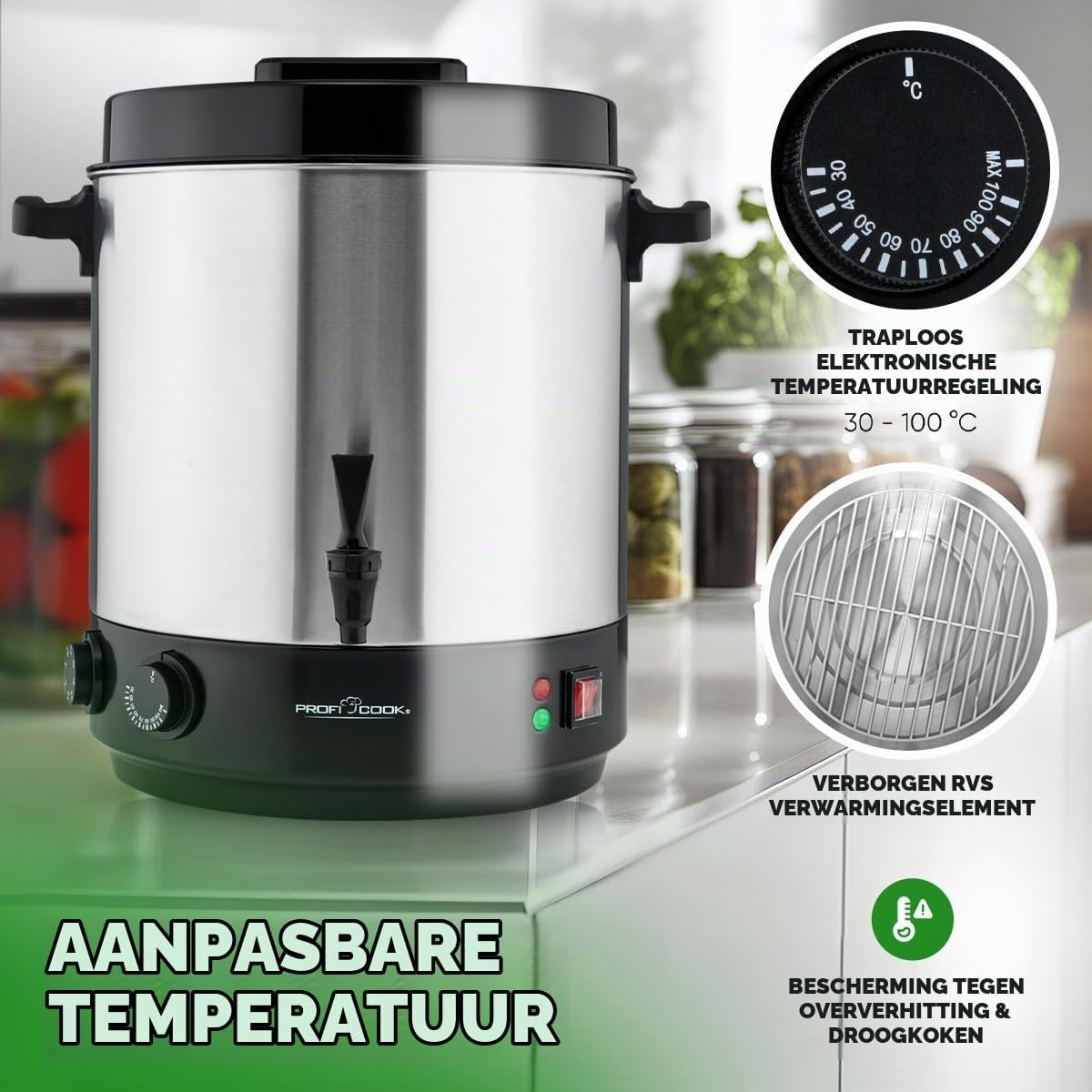 ProfiCook 2-in-1 Warme Dranken & Inmaakautomaat - 32L, 2100W, RVS, XL, Chroom Zwart - 34% Korting