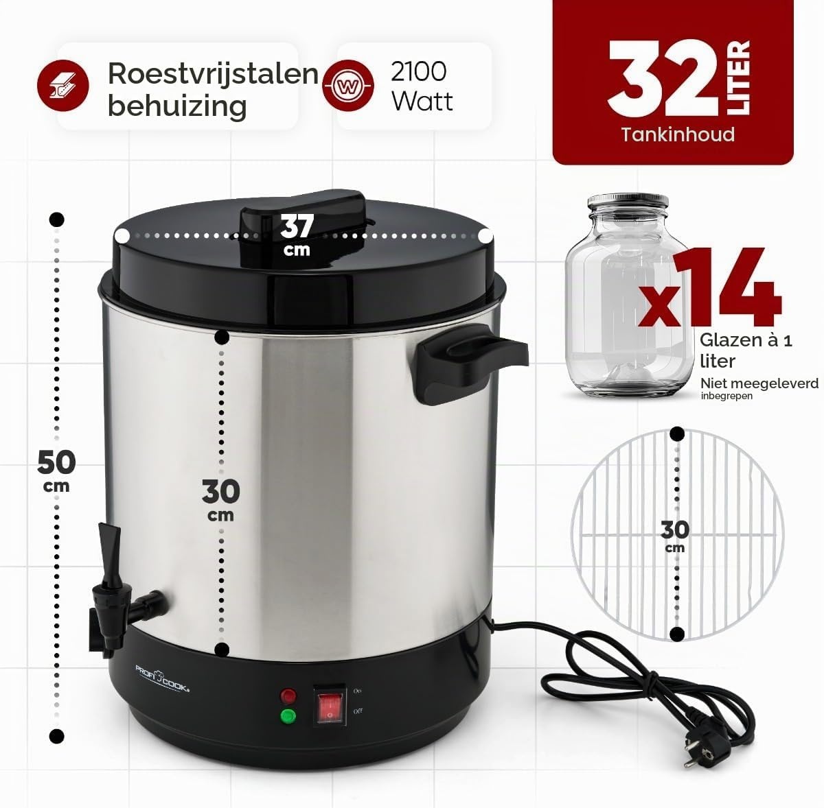 ProfiCook 2-in-1 Warme Dranken & Inmaakautomaat - 32L, 2100W, RVS, XL, Chroom Zwart - 34% Korting
