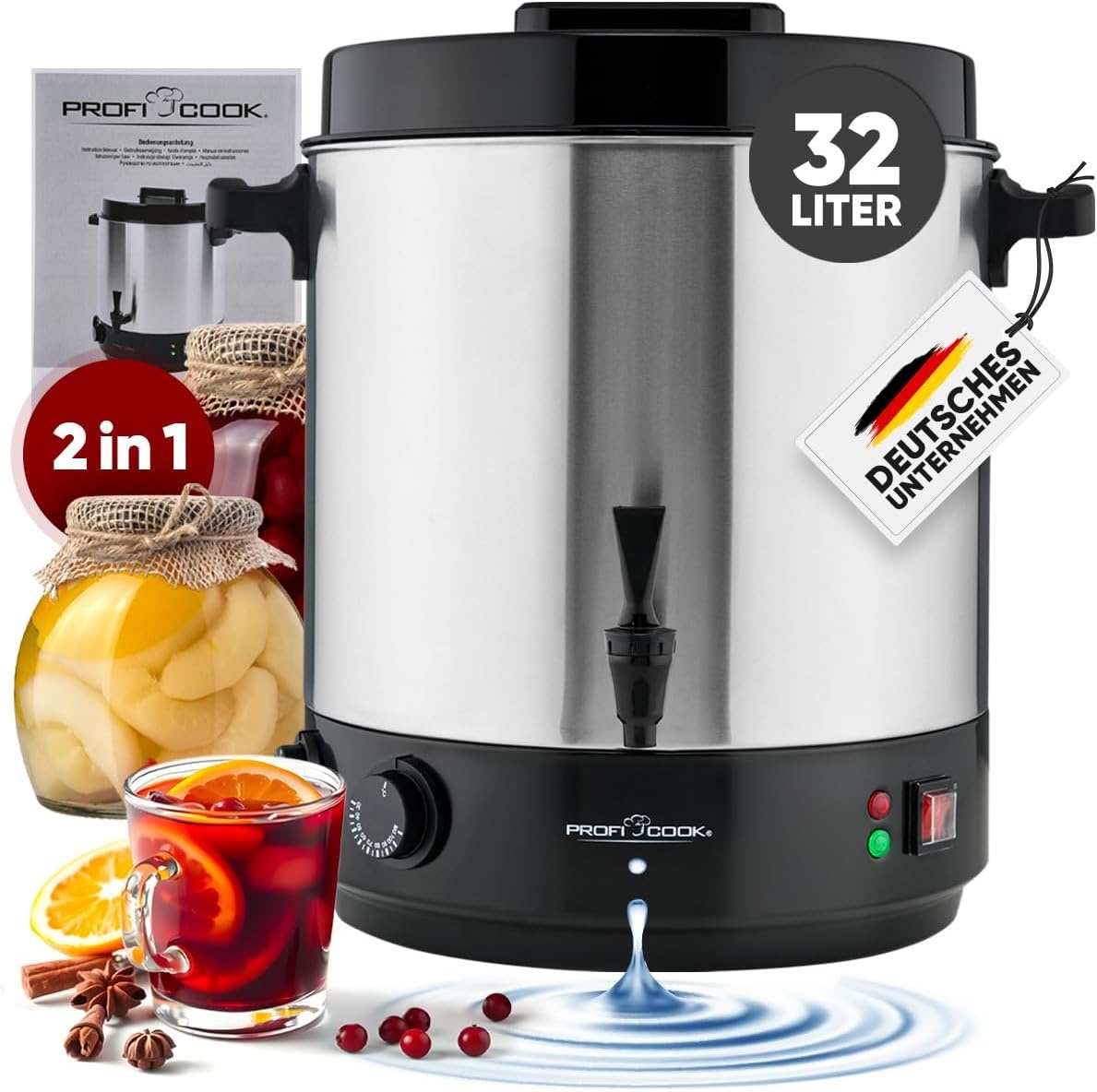 ProfiCook 2-in-1 Warme Dranken & Inmaakautomaat - 32L, 2100W, RVS, XL, Chroom Zwart - 34% Korting