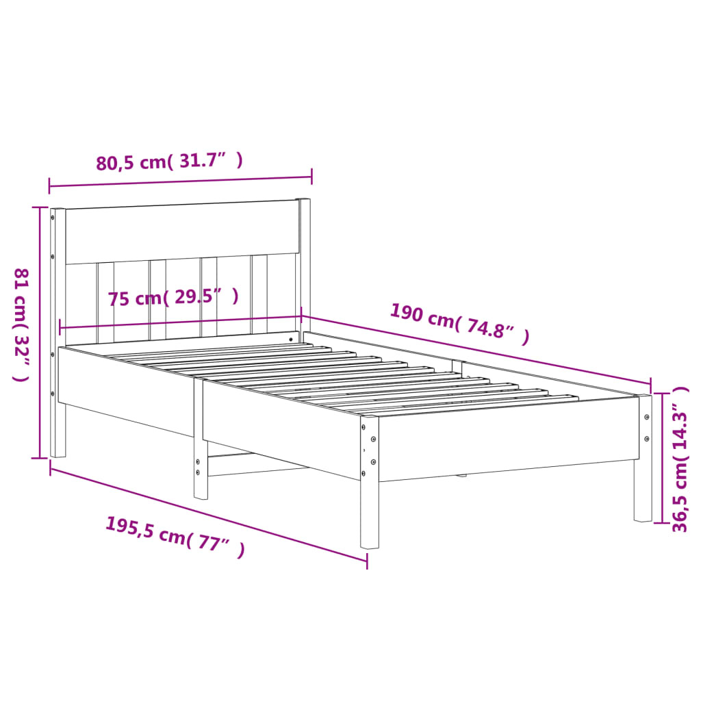 vidaXL Bed Frame Natural 75 x 190 cm Solid Pine Wood