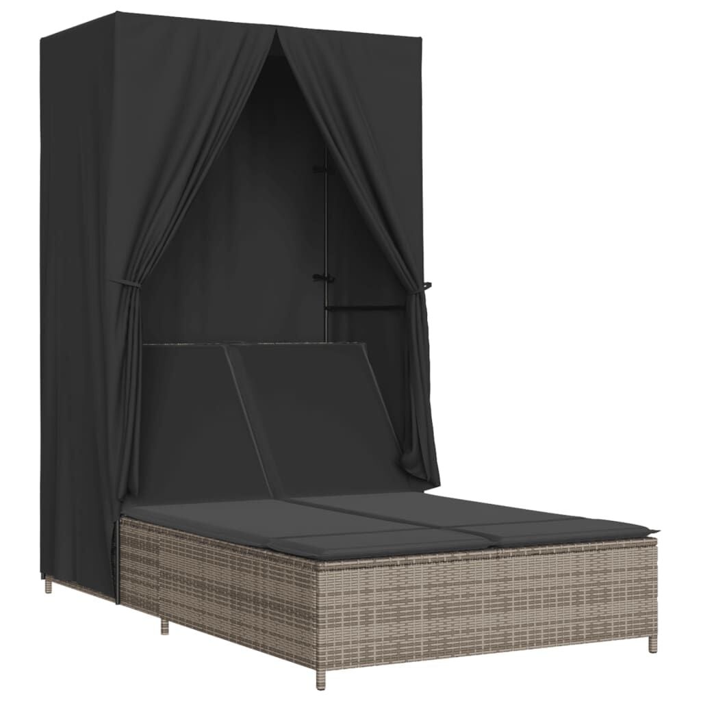 vidaXL Ligbed tweepersoons met dak en gordijn poly rattan grijs