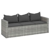 vidaXL Tuinbank 3-zits met kussens poly rattan grijs