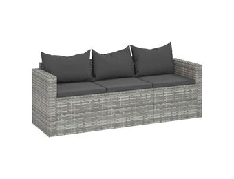 vidaXL Tuinbank 3-zits met kussens poly rattan grijs