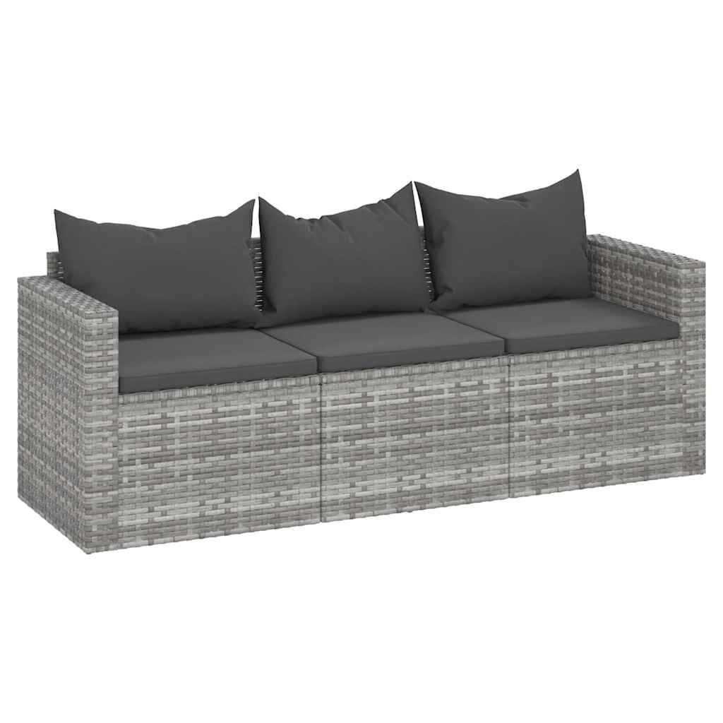 vidaXL Tuinbank 3-zits met kussens poly rattan grijs