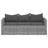 vidaXL Tuinbank 3-zits met kussens poly rattan grijs