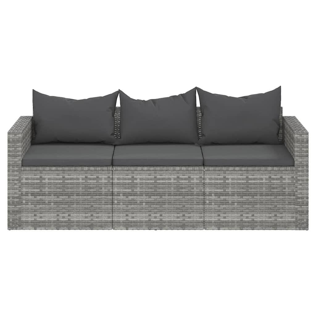 vidaXL Tuinbank 3-zits met kussens poly rattan grijs