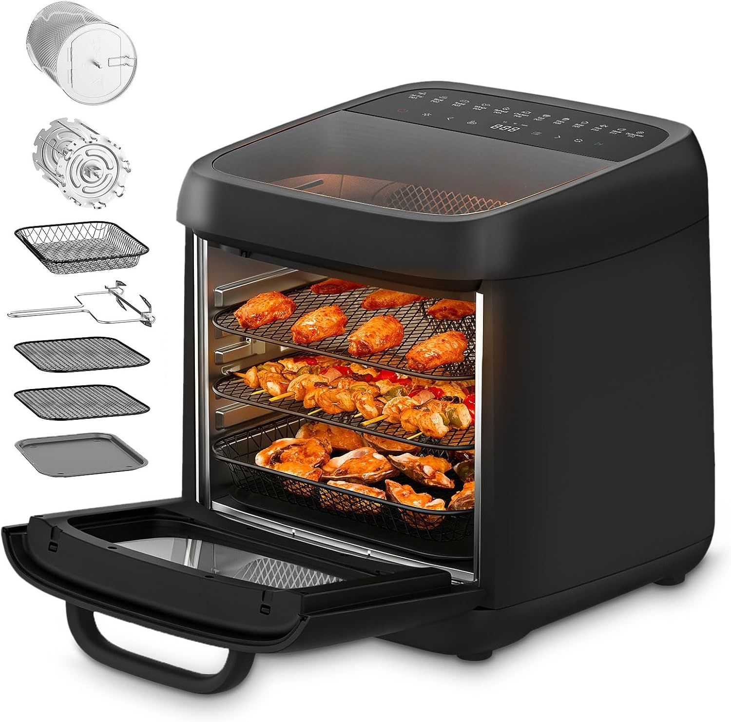 12 liter heteluchtfriteuse, 12-in-1 heteluchtfriteuse met 8 accessoires, oven, grill, droogautomaat, 1800 W Air Fryer zonder olie met 2 grote kijkvensters, 80-200 °C, zwart