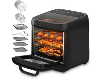 12 liter heteluchtfriteuse, 12-in-1 heteluchtfriteuse met 8 accessoires, oven, grill, droogautomaat, 1800 W Air Fryer zonder olie met 2 grote kijkvensters, 80-200 °C, zwart