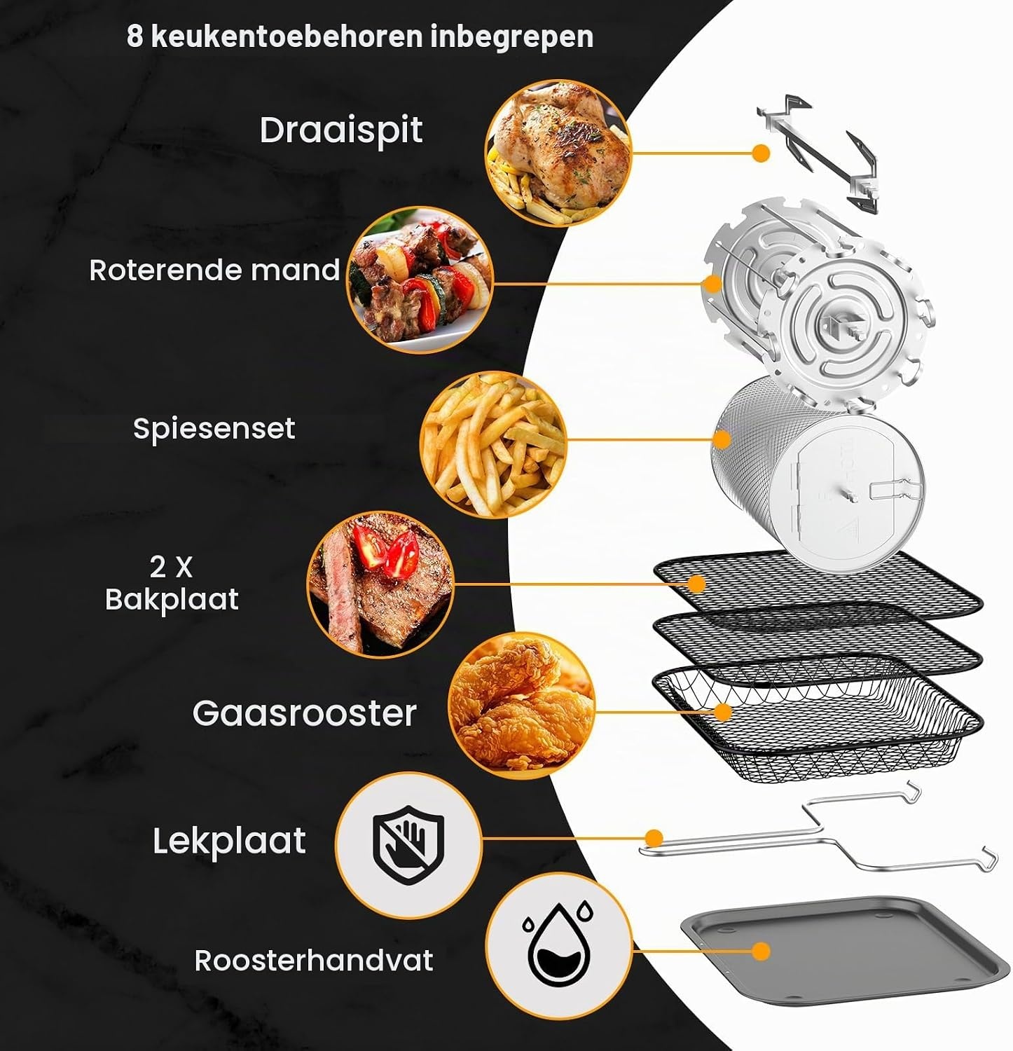 12 liter heteluchtfriteuse, 12-in-1 heteluchtfriteuse met 8 accessoires, oven, grill, droogautomaat, 1800 W Air Fryer zonder olie met 2 grote kijkvensters, 80-200 °C, zwart