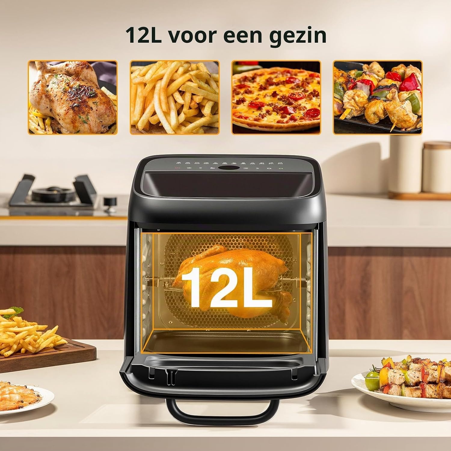 12 liter heteluchtfriteuse, 12-in-1 heteluchtfriteuse met 8 accessoires, oven, grill, droogautomaat, 1800 W Air Fryer zonder olie met 2 grote kijkvensters, 80-200 °C, zwart