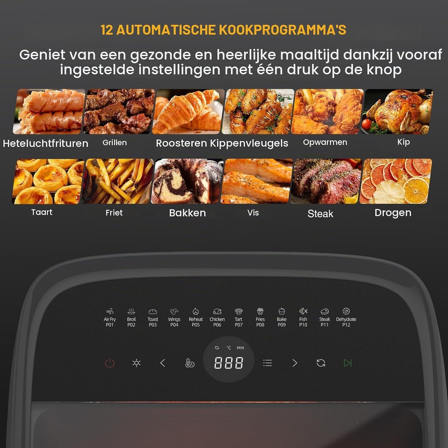12 liter heteluchtfriteuse, 12-in-1 heteluchtfriteuse met 8 accessoires, oven, grill, droogautomaat, 1800 W Air Fryer zonder olie met 2 grote kijkvensters, 80-200 °C, zwart