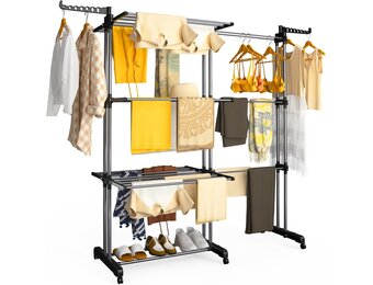 vounot Droogrek, uittrekbaar, 4 niveaus, 190 x 64 x 170 cm, verticaal, opvouwbaar, grote capaciteit, met wieltjes, zijvleugels, multifunctioneel, voor binnen en buiten, zwart/grijs