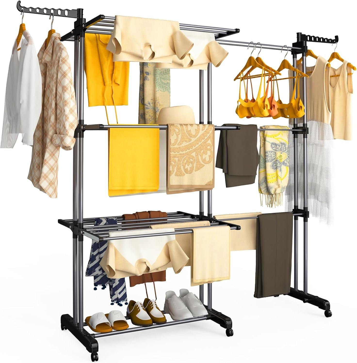 vounot Droogrek, uittrekbaar, 4 niveaus, 190 x 64 x 170 cm, verticaal, opvouwbaar, grote capaciteit, met wieltjes, zijvleugels, multifunctioneel, voor binnen en buiten, zwart/grijs