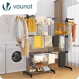 vounot Droogrek, uittrekbaar, 4 niveaus, 190 x 64 x 170 cm, verticaal, opvouwbaar, grote capaciteit, met wieltjes, zijvleugels, multifunctioneel, voor binnen en buiten, zwart/grijs