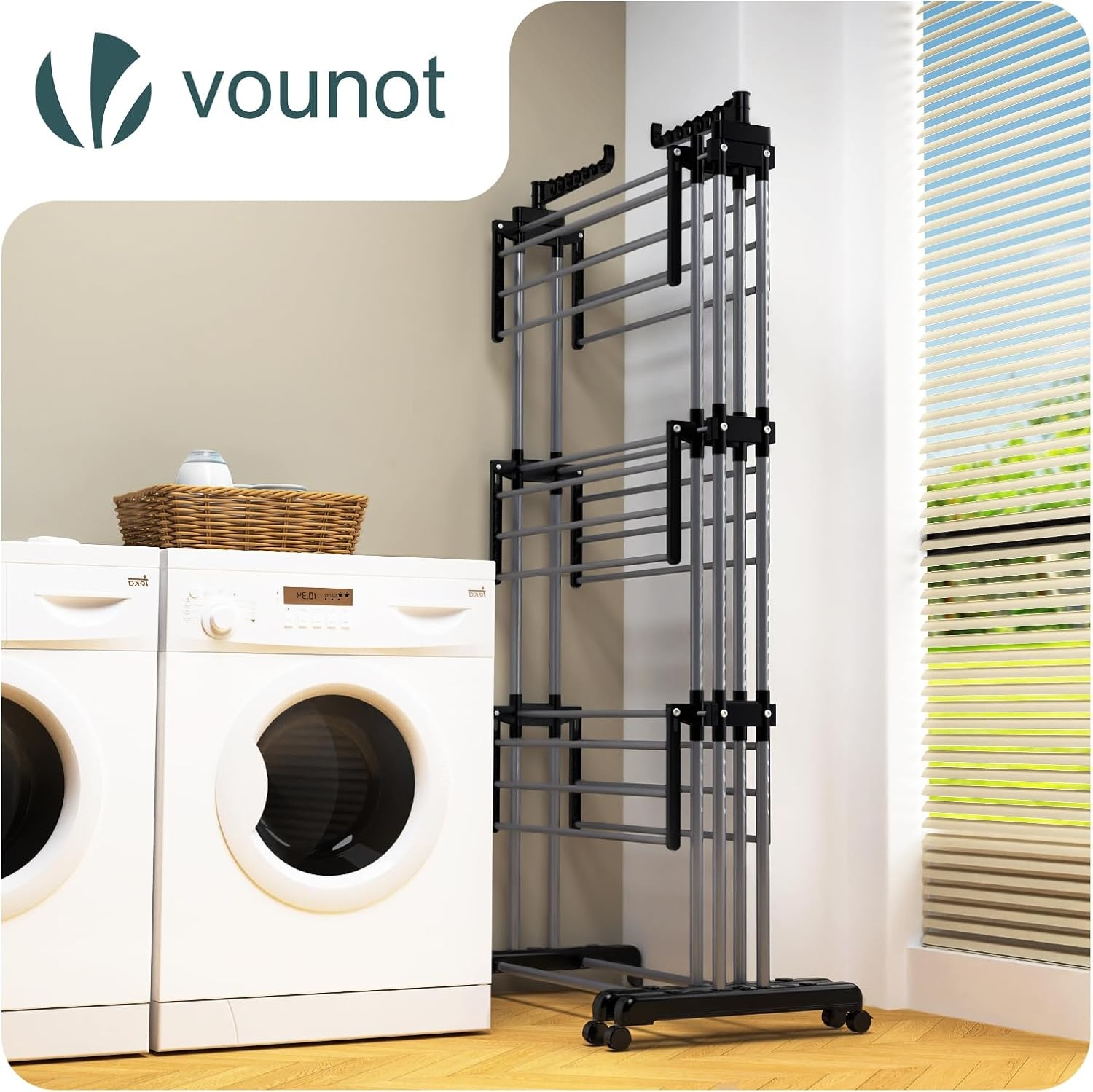 vounot Droogrek, uittrekbaar, 4 niveaus, 190 x 64 x 170 cm, verticaal, opvouwbaar, grote capaciteit, met wieltjes, zijvleugels, multifunctioneel, voor binnen en buiten, zwart/grijs