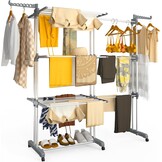 vounot Droogrek, uittrekbaar, 4 niveaus, 190 x 64 x 170 cm, verticaal, opvouwbaar, grote capaciteit, met wieltjes, zijvleugels, multifunctioneel, voor binnen en buiten, zwart/grijs