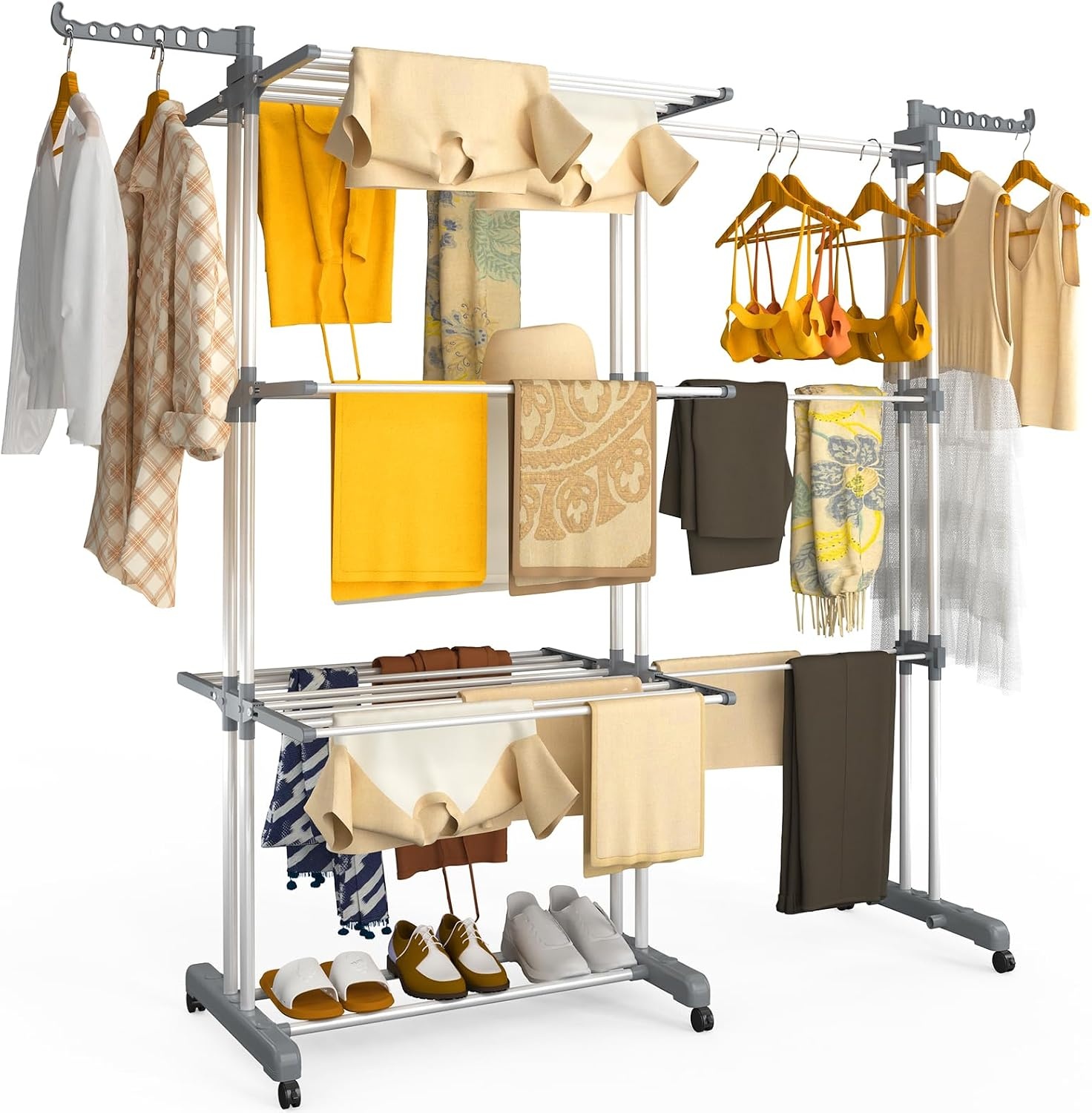vounot Droogrek, uittrekbaar, 4 niveaus, 190 x 64 x 170 cm, verticaal, opvouwbaar, grote capaciteit, met wieltjes, zijvleugels, multifunctioneel, voor binnen en buiten, zwart/grijs
