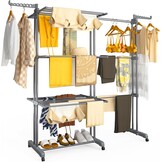 vounot Droogrek, uittrekbaar, 4 niveaus, 190 x 64 x 170 cm, verticaal, opvouwbaar, grote capaciteit, met wieltjes, zijvleugels, multifunctioneel, voor binnen en buiten, zwart/grijs
