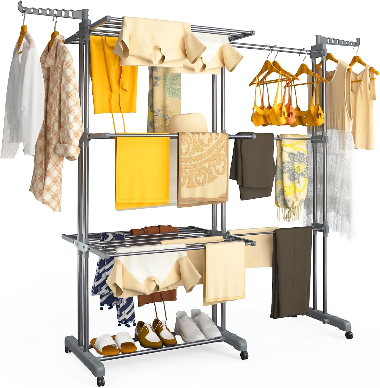 vounot Droogrek, uittrekbaar, 4 niveaus, 190 x 64 x 170 cm, verticaal, opvouwbaar, grote capaciteit, met wieltjes, zijvleugels, multifunctioneel, voor binnen en buiten, zwart/grijs