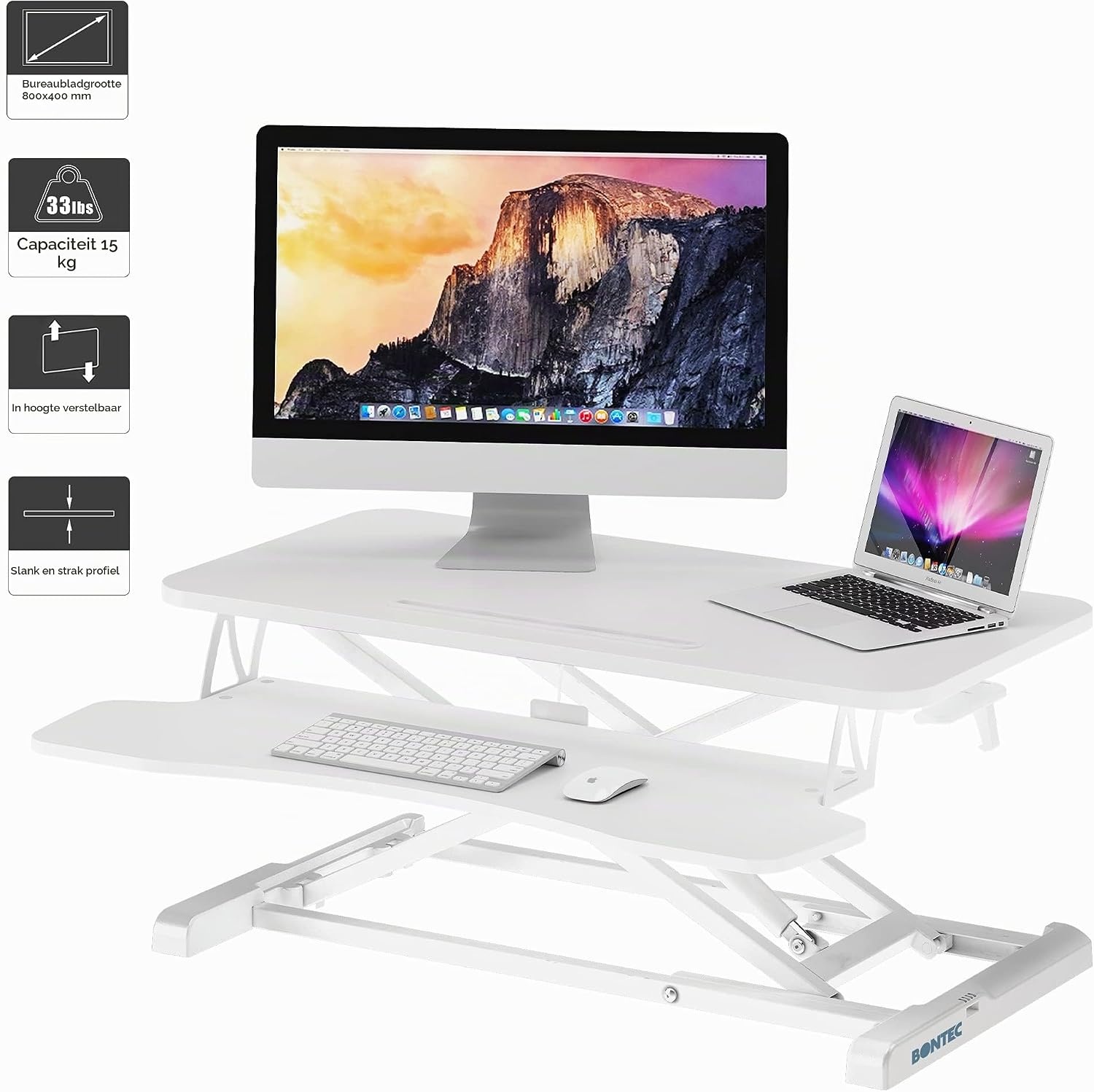 BONTEC Verstelbaar Zit-Sta Bureau Converter 800 x 400 mm - Ergonomisch Werkstation - Wit
