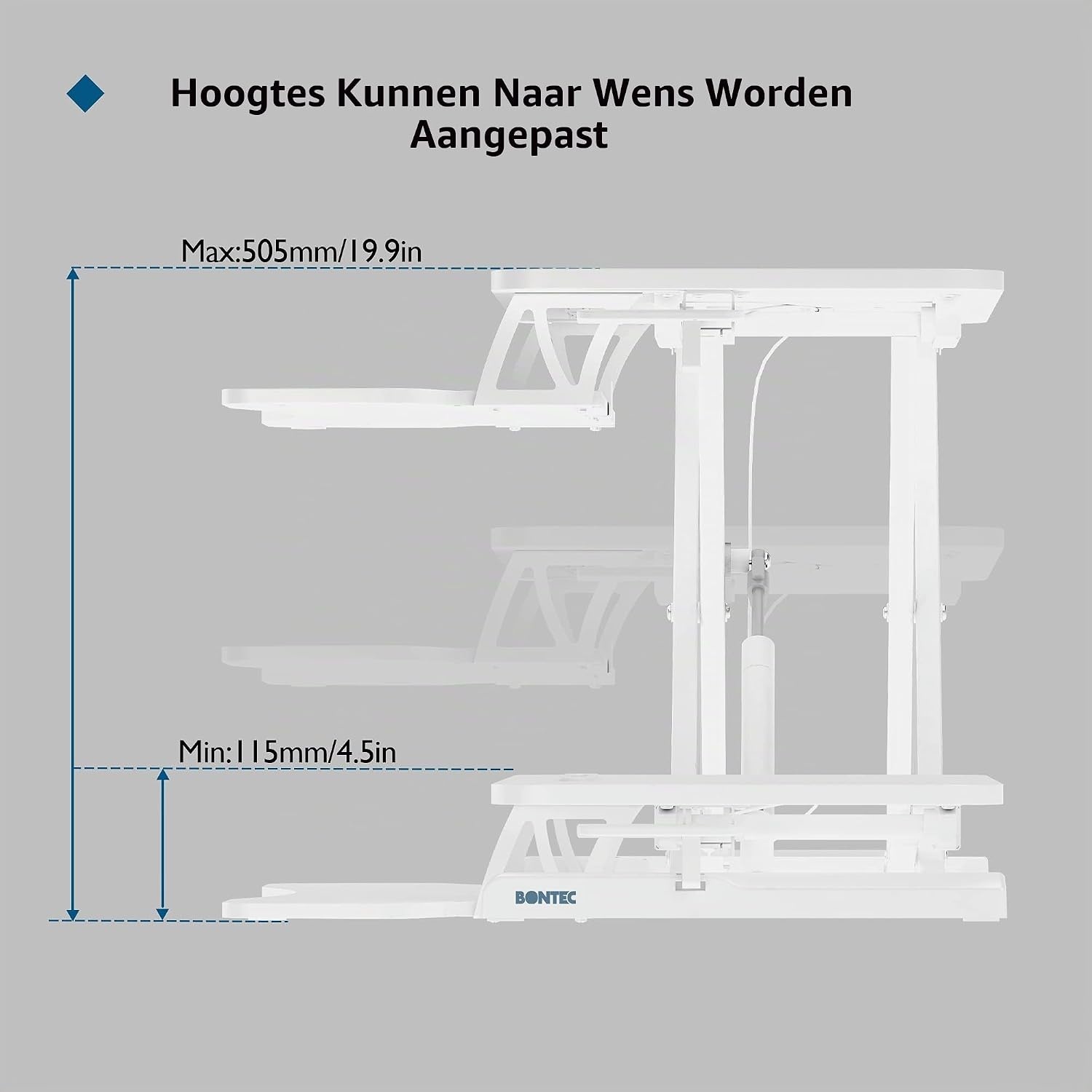 BONTEC Verstelbaar Zit-Sta Bureau Converter 800 x 400 mm - Ergonomisch Werkstation - Wit