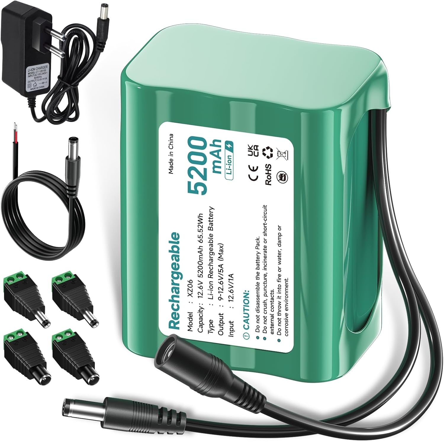 12.6V Lithium-ion batterij 5200 mAh, kleine 12V -batterij met lader- en connectoradapter en verbindingslijn voor soundboks, DAB Radio, Bight Lighting, Headlights, StagePiano, Sonar